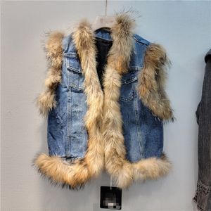 Kvinnors västar riktiga tvättbjörnar päls denim väst för kvinnor lyx höst vinter kort ärmlös päls kappa kvinnliga kläder avslappnad yttre bär 221202