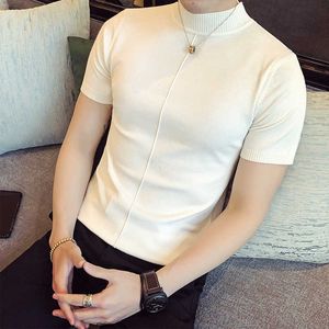Men's T-Shirts Summer Thin Half High Collar Men T-shirt Knitted Short Sleeves Top Men's Solid Color Sweater Pullover T Shirt Slim Knitted Tees T221202