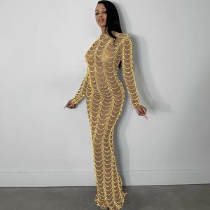 Casual Dresses Sparkly Crystal Rhinestone Bodycon Maxi Dress Women Wedding Evening Long Sleeve Mesh See Through Night Party Club Birthday