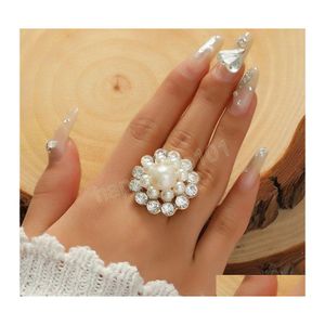 Band Rings Korean Small Flower Ring For Women Girl Simple Pearl Crystal Wedding Band Open Femme Valentines Day Gift Drop Delivery Jew Dhkuc
