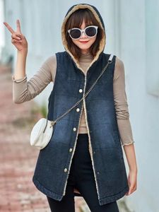 Women's Vests Winter Vintage Women Fleece Lining Sleeveless Jacket Thick Warm Hoody Denim Coat Long Casual Waistcoat Single Breasted Jean Vest 221202