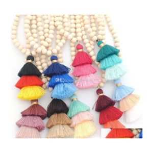 Colar de colar de pendente Tlassel para mulheres naturais de madeira de marfim de marfim com 3 borras de algodão em camadas Long Boho Jewelry Drop Delivery Dhc87