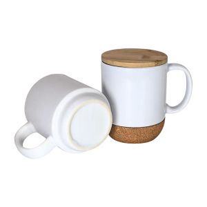 14oz Sublimation Handle Mugs With Wooden Bottom&Lid 400ml Heat Transfer Ceramic Cups White Blank Coffee Mug For Sublimating 1202