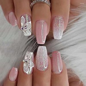 False Nails 24pcs Pink Gradient Flower Glitter Fake Shiny Press On Nail Wearable Butterfly Rhinestones Long Coffin