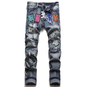 Modische Jeans für Herren, Ksubi-Jeans-Stil, heißer Druck, Lochfarbe, schmaler Stretch, bedruckter Denim mit kleinen Füßen