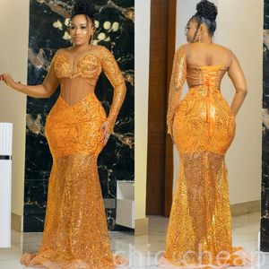 Vestidos de baile de sereia de sereia laranja aso ebi arabic renda lantejoula de festas sexy noturno da segunda recepção Vestidos de noivado de aniversário ZJ