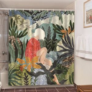 シャワーカーテンレトログリーン葉バスルームセットホワイトヘアウーマンアートプリントカーテン防水ポリエステルバススクリーン