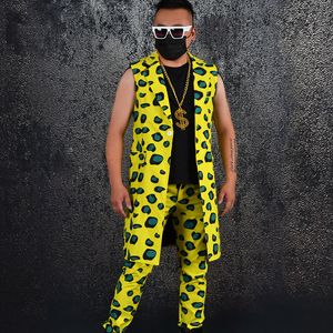 Erkekler Suits Blazers Bar Gece Kulübü Sahne Performansı Outftt Erkekler Caz Dans Kostümleri Sarı Leopar Yelek Pantolon Erkek Hip Hop Giyim Sokak Giydirme XS5481 221201