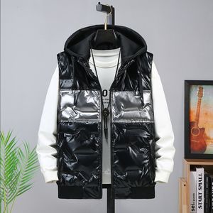 Men's Vests 3620 Autumn Winter Black Down Vest Men Spliced Color Shiny Surface Vests For Men Plus Size 7XL 8XL Sleeveless Coat With Hooded 221202