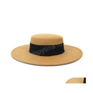 Wide Brim Hats Bucket Hats French Retro Women Fedora Hat Autumn Winter Elegant Flat Top Artificial Wool Dress Cap 10Cm Big Brim Ch Dholb