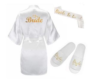 home clothing 3pc set of glitter gold bride satin short robe slippers bridal sash peignoir women Bridal Party kimono 221202