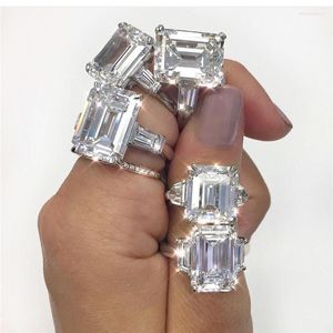 Anéis de casamento Emerald Asscher Cut 6ct Diamond Ring Real Silver Color CZ Engagement Band for Women Bridal Party Jewelry