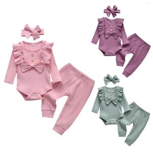 Clothing Sets 3pcs Born Baby Girl Solid Color Clothes Ruffles Long Sleeve Bodysuits Pants Headband Casual Toddler Infant Outfits