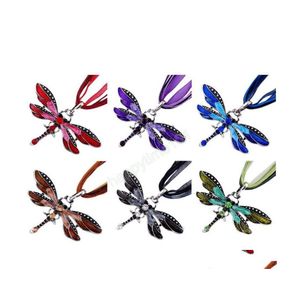 Pendant Necklaces Dragonfly Pendant Necklace Vintage Ribbon Cord Purple Red Green Crystal Bead Jewelry For Women Girls Drop Delivery Dhbsq