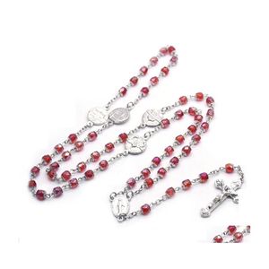 Pendant Necklaces Red Crystal Rosary Necklace With Cup Vintage Jesus Cross Pendant Long Religious Pray Jewelry Gift For Men Women Dr Dhh6M