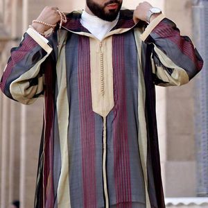 Camisetas masculinas Músicas islâmicas Restas muçulmanas de homens casuais com estampa listrada de manga longa Moda solta Moda de retalhos de lapela Arábia