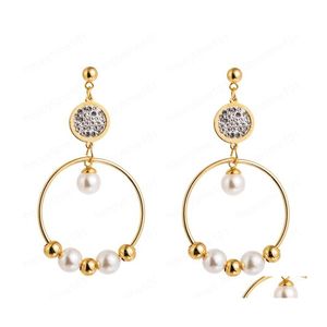 Dangle żyrandol Koreańska moda stal nierdzewna kropla dla kobiety klasyczne duże i małe okrągłe warstwy MTI Rhinestone Pearl Ear Dhuwp