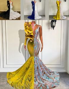 Sexiga långa balklänningar Singel Long Sleeve Yellow and Silver Mermaid African Black Girl Gala Evening Formal Party Gowns Real P5081814