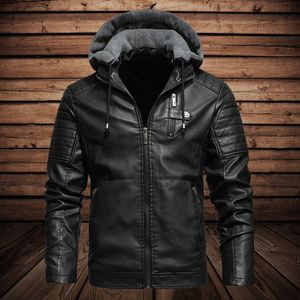 Jaqueta de couro masculina com capuz destacável outono inverno pele forrada quente motociclista motocicleta casacos moda roupas 221202