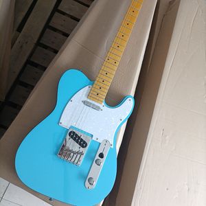 6 strängar blå elektrisk gitarr med svart bindande gul lönn fretboard vit pärlor pickguard anpassningsbar
