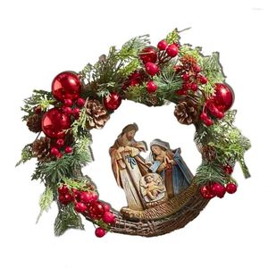 Decorative Flowers Nativity Wreath For Front Door 14in Sacred Christmas Farmhouse Patio Garden Festival Celebration Window Party Decor