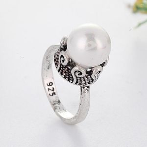 Ringos de cluster Vintage Bohemia Pearl Ring for Women Wedding Wedding Luxury Antique Silver Color Declaração Minimalista Jóia Presente