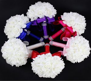 2020 Elegant Rose Artificial Bridal Flowers Bride Bouquet Wedding Bouquet Crystal Royal Blue Silk Ribbon New Buque de Noiva 10 Col7750067