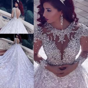 Wholesale Luxurious Beadings Long Sleeve Wedding Dress With Sweep Train Sexy Sheer Sequined Lace Vintage Arabic Bridal Gowns Turke Robe De