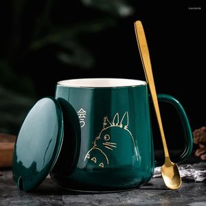 Mugs 400ml Nordic Ceramic Coffee Tea Mug With Lid Spoon Product Light Luxury Gold-painted Water Cup Cartoon Cute Animal