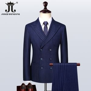 Мужские костюмы Blazers Blazer жилетки бренды бренд мода двойная грудь полосатый синий бизнес -костюм Три куски свадебное платье 221201