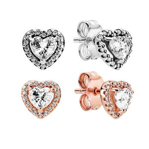 Ohrstecker mit CZ-Diamant, erhöhtes Herz, mit Originalverpackung für Pandora 925 Sterling Silber, Damen-Hochzeitsschmuck, Love Hearts Roségold-Ohrring-Set