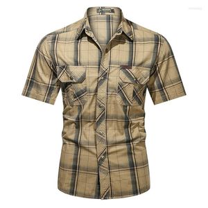 Männer Casual Hemden 2022 Herren Plaid Cargo Shirt Männer Kurzarm Atmungsaktive Multi Pocket Arbeit Camisa Bluse Baumwolle Plus Größe