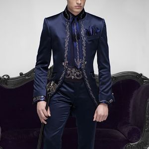 Men's Suits Blazers Tailor Made Italian Embroidery Navy Blue Men Slim Fit Groom Prom Tuxedo 2 Piece Male Blazer Luxury Brand JacketPant 221201