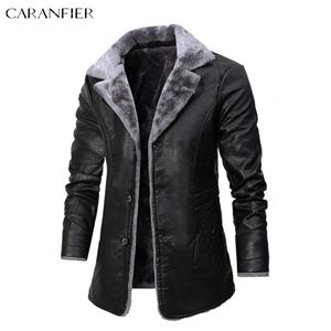 Men s Leather Faux CARANFIER PU Jacket Male Winter Thick Long Style Fleece Coats Turn down Collar Fur Lined Single Breasted Overcoat
