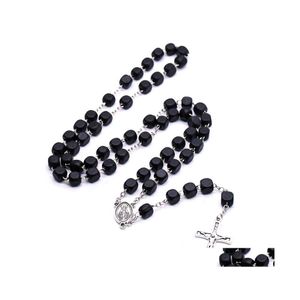 Collane con ciondolo Quadrato nero Legno Cristo Rosario Neckalce Vintage Croce Perline Collana filo Lungo Religioso Prega gioielli Goccia Deli Dh9Q2