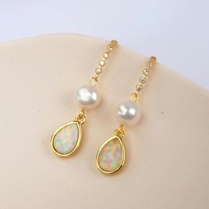 Kolczyki Dangle Borosa Natural Pearl K inkusowe łzy biały opal kropla z mikro utwardzonym CZ złoty hak dla kobiet HD0190