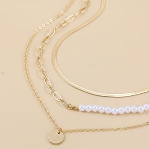 Fashion Imitation Pearl Metal Coin Necklaces Gold Color Snake Chain Choker for Women Multilayer Neck Jewelry Accessories