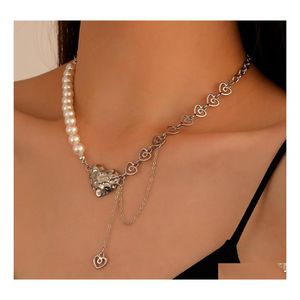 Pendant Necklaces Fashion Jewelry Metal Splicing Faux Pearls Love Clavicle Chain Necklace Irregar Hollow Heart Dangle Tassel Choker Dhk7Z
