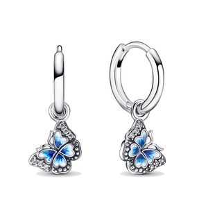 Blue Butterfly Hoop Earrings Authentic Sterling Silver with Original Box for Pandora Fashion Women Party Jewelry CZ diamond Pendant Stud Earring Girlfriend Gift