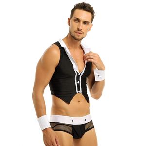 Men's Tracksuits 5pcs Mens Sexy Maid Role Play Costume Outfits Tops Boxer Underwear With Collar Handcuffs Lingerie Set Coustume Outfit