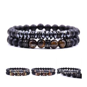 Pulseiras de charme charme pulseira cil￭ndrica de cobre 2pcs/conjunto de 8 mm de braceletes de pedra fosca naturais fosco masculino j￳ias de pulglete dhptj