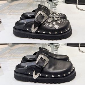 Designer Slippers Women's Toga Fashion Luxury Thick Bottom with Buckles Rivets Metal Pieces Punk Wind Black Flat Sandals Serrated Casual Wrap Head Half Slippers 35-40