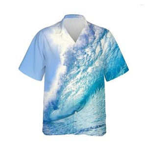 メンズカジュアルシャツジュムイースト3D海波プリントハワイアンシャツの男性半袖海洋夕日パターンファッションルーズトップスビーチ