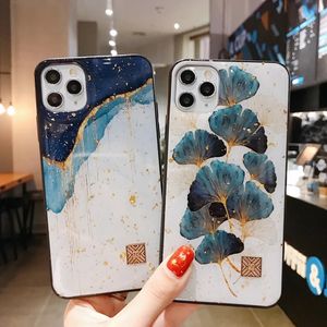 Casos de luxo capa de telefone de papel alumínio de ouro para iPhone 11 12 13 14 mini pro máximo xs x xr 7 8 Se casos de folhas de árvore à prova de choques capa