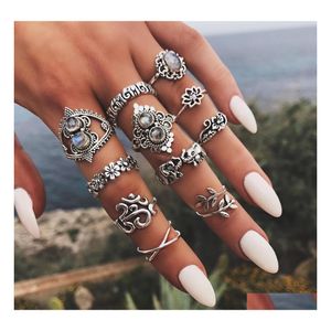 Bandringar Fashion Jewelry Ancient Sier Knuckle Ring Set Flowers Elephant Crown Leaf Yoga Stacking Rings Midi 11st/Set Drop Delivery DHSC5