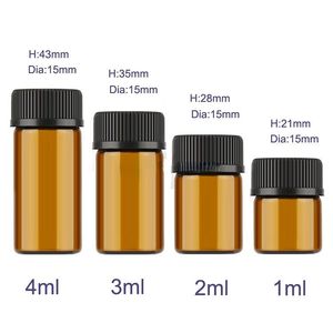 1ml 2ml 3ml 4ml drams âmbar/vidro transparente garrafas com tampa plástica Inserir frascos essenciais de frascos de perfume Bottle de teste de teste de teste cosmético