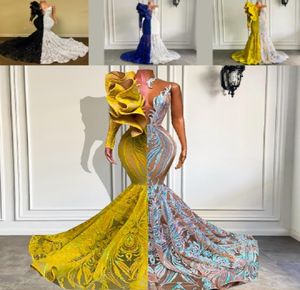 Sexiga l nga balkl nningar Singel Long Sleeve Yellow and Silver Mermaid African Black Girl Gala Evening Formal Party Gowns Real P3543660