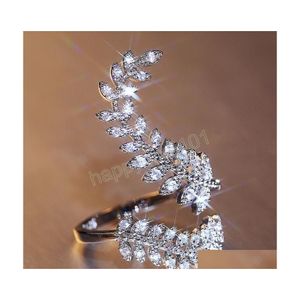 Band Rings Vintage Sier White Cz Zircon Leaf Ring For Women Open Size Adjustable Wrap Finger Rings Wedding Party Gifts Drop Delivery Dh253