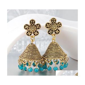 Dangle Chandelier Indian Bell Drop Dangle Earrings For Women Ethnic Alloy Vintage Flower Blue Beads Tassel Earring Jhumka Delivery Dhsaj