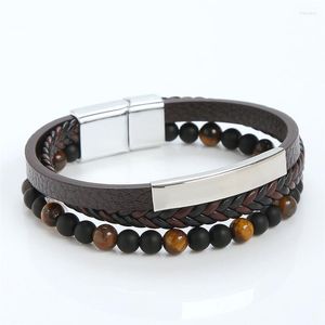 Braccialetti con ciondoli Moda Perline a 3 strati Bracciale da uomo in pelle intrecciata Chiusura magnetica Mutilayer Occhio di tigre Pietra Braccialetti Gioielli da uomo